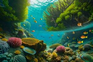 uma colorida embaixo da agua cena com coral e peixe. gerado por IA foto