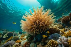 a embaixo da agua Visão do coral recifes e peixe. gerado por IA foto