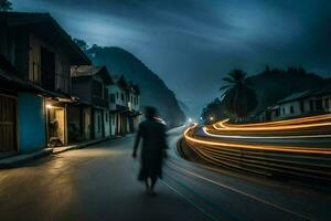 uma homem caminhando baixa uma rua às noite com luz trilhas. gerado por IA foto