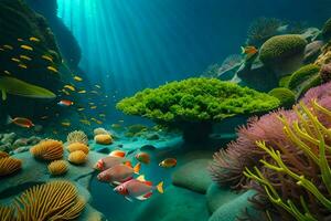 embaixo da agua cena com coral recifes e peixe. gerado por IA foto