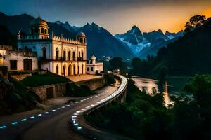 uma estrada conduzindo para uma Igreja dentro a montanhas. gerado por IA foto