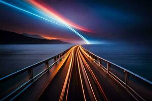 uma grandes exposição foto do uma ponte sobre a oceano. gerado por IA