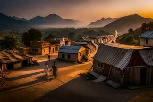 uma Vila às pôr do sol com pessoas caminhando em volta. gerado por IA foto