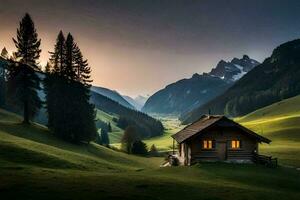 uma pequeno cabine dentro a montanhas às pôr do sol. gerado por IA foto