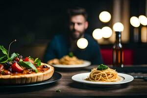 uma homem sentado às uma mesa com uma pizza e massa. gerado por IA foto