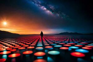 uma homem em pé dentro frente do uma colorida campo do luzes. gerado por IA foto