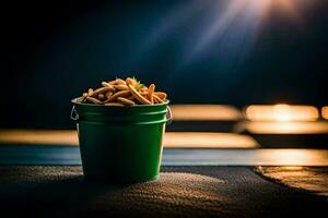 uma balde do fritas sentado em uma mesa. gerado por IA foto