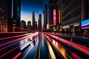 uma cidade rua às noite com grandes exposição. gerado por IA foto