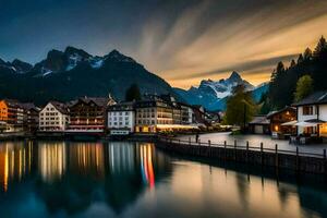 a Cidade do lago lauterbrunnen, Suíça. gerado por IA foto