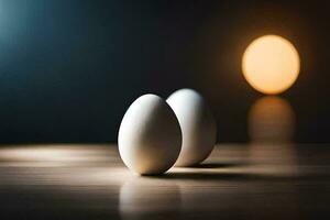 dois ovos em uma mesa com uma luz atrás eles. gerado por IA foto