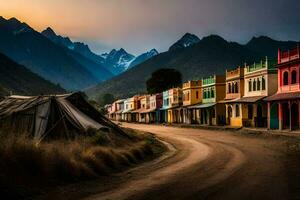 uma sujeira estrada dentro a montanhas com colorida casas. gerado por IA foto