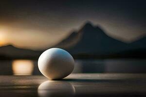 a ovo sentado em uma mesa dentro frente do uma lago. gerado por IA foto