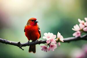 uma vermelho pássaro senta em uma ramo com Rosa flores gerado por IA foto