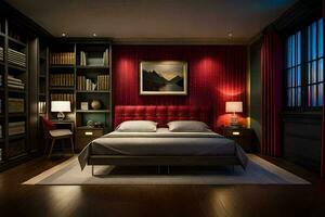 uma quarto com vermelho paredes e uma cama. gerado por IA foto