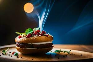 uma Hamburger com queijo e fumaça em uma de madeira placa. gerado por IA foto