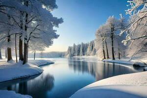 inverno panorama com árvores e água. gerado por IA foto