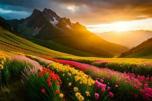 a Sol conjuntos sobre uma campo do colorida flores gerado por IA foto