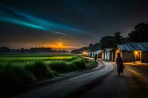 uma homem anda em baixa uma sujeira estrada às noite com uma casa dentro a fundo. gerado por IA foto