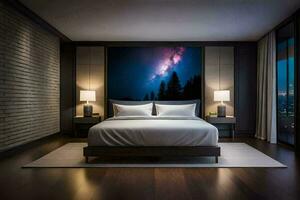 uma quarto com uma ampla cama e uma noite céu. gerado por IA foto