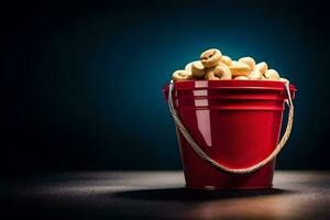 uma vermelho balde preenchidas com cereal. gerado por IA foto