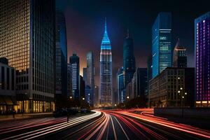 uma cidade rua às noite com tráfego luzes. gerado por IA foto