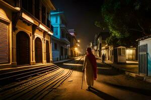 uma homem caminhando baixa uma rua às noite. gerado por IA foto