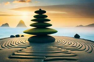 uma zen jardim com pedras empilhado em topo do cada outro. gerado por IA foto