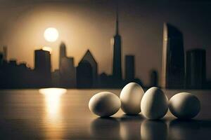 ovos dentro frente do uma cidade Horizonte com uma cheio lua. gerado por IA foto