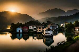 foto papel de parede a céu, água, montanhas, casas, a sol, a montanhas, a lago. gerado por IA