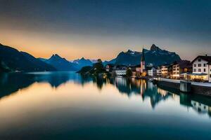 a Cidade do Hallstatt às crepúsculo. gerado por IA foto