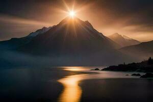 a Sol brilha sobre uma montanha alcance e lago. gerado por IA foto