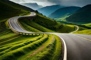 uma enrolamento estrada dentro a montanhas. gerado por IA foto