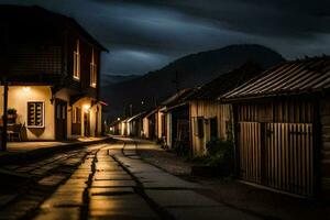 uma Sombrio rua dentro a montanhas às noite. gerado por IA foto