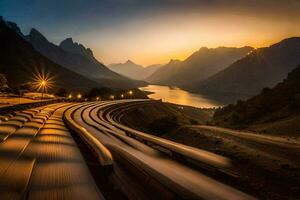 uma trem indo baixa uma montanha estrada às pôr do sol. gerado por IA foto