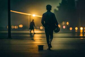 uma homem caminhando dentro a Sombrio às noite. gerado por IA foto