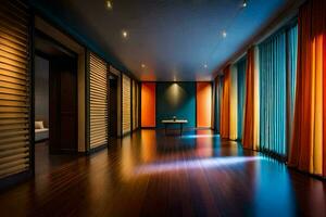 uma corredor com de madeira pavimentos e colorida cortinas. gerado por IA foto