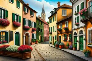 uma pintura do uma rua dentro uma europeu cidade. gerado por IA foto