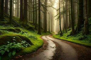 uma enrolamento estrada através uma floresta com musgoso árvores gerado por IA foto