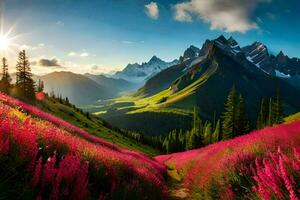 a Sol brilha em uma lindo Rosa campo do flores dentro a montanhas. gerado por IA foto