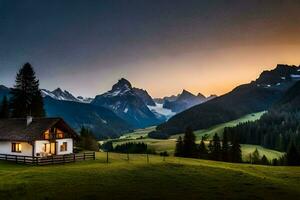 uma cabine dentro a montanhas às pôr do sol. gerado por IA foto