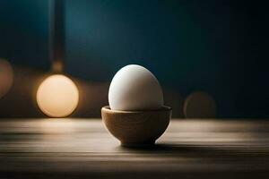 a ovo dentro uma de madeira tigela em uma mesa. gerado por IA foto