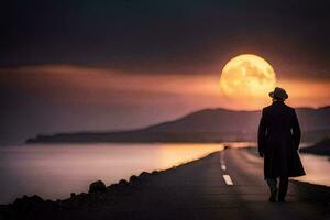 uma homem dentro uma trincheira casaco anda em ao longo a estrada dentro frente do a lua. gerado por IA foto