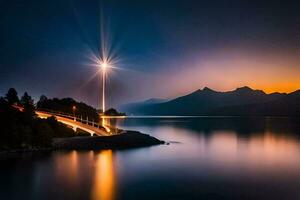 uma grandes exposição fotografia do uma luz brilhando sobre uma lago. gerado por IA foto