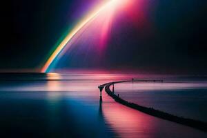 uma arco Iris é refletido dentro a água às noite. gerado por IA foto