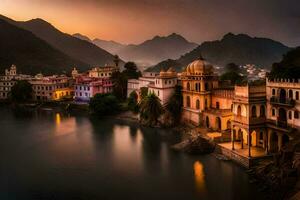 foto papel de parede a céu, montanhas, água, lago, udaipur, Índia,. gerado por IA