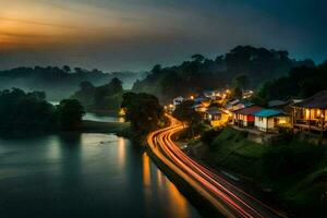 uma grandes exposição fotografia do uma Cidade e rio às crepúsculo. gerado por IA foto