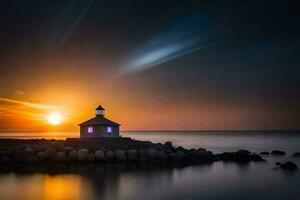 uma farol senta em a pedras às pôr do sol. gerado por IA foto