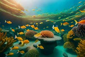 uma coral recife com muitos peixe e corais. gerado por IA foto