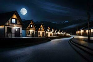 uma linha do casas às noite com uma cheio lua. gerado por IA foto