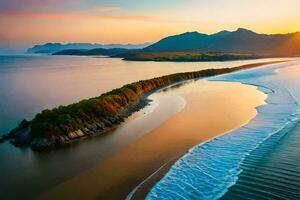 a aéreo Visão do uma de praia e montanhas às pôr do sol. gerado por IA foto